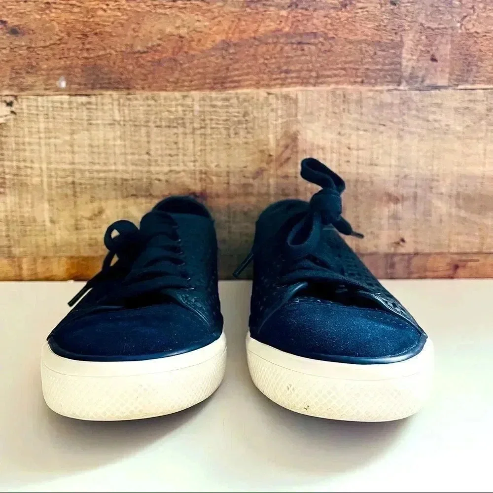 Tory Burch Navy Floral Perforated Leather/Suede Sneakers